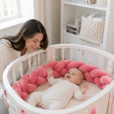 Tour de lit tresse couleur rose avec maman qui surveille bébé