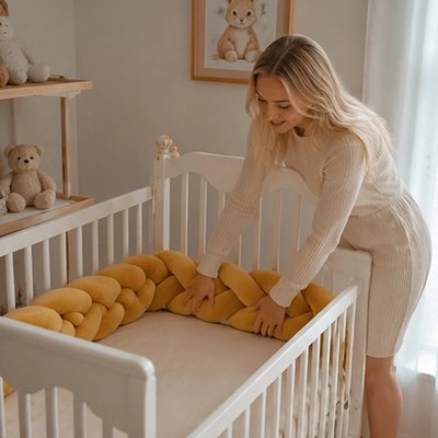 Tour de lit tresse maman qui prepare lit de bébé pour dormir
