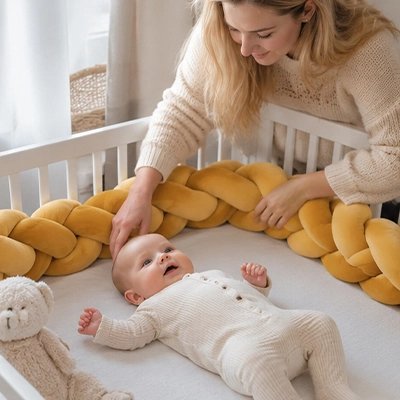 Tour de lit tresse maman rearange la tresse jaune pour que bébé dort bien