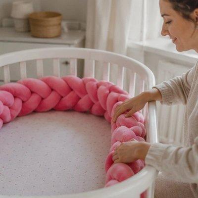 Tour de lit tresse rose, avec maman  qui ajuste le lit pour bébé