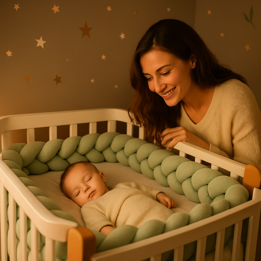 une maman qui regarde son bébé dormir paisiblement dans son lit avec la tresse de lit verte