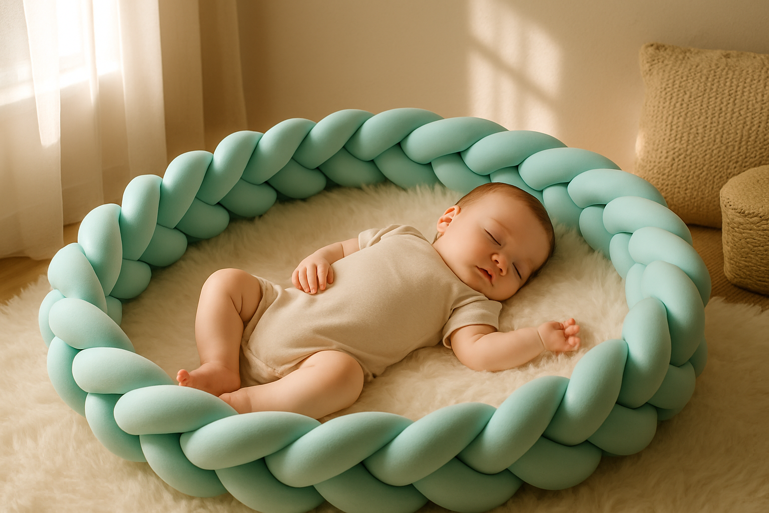 bébé qui dort paisiblement protégé par la tresse de lit bleu claire