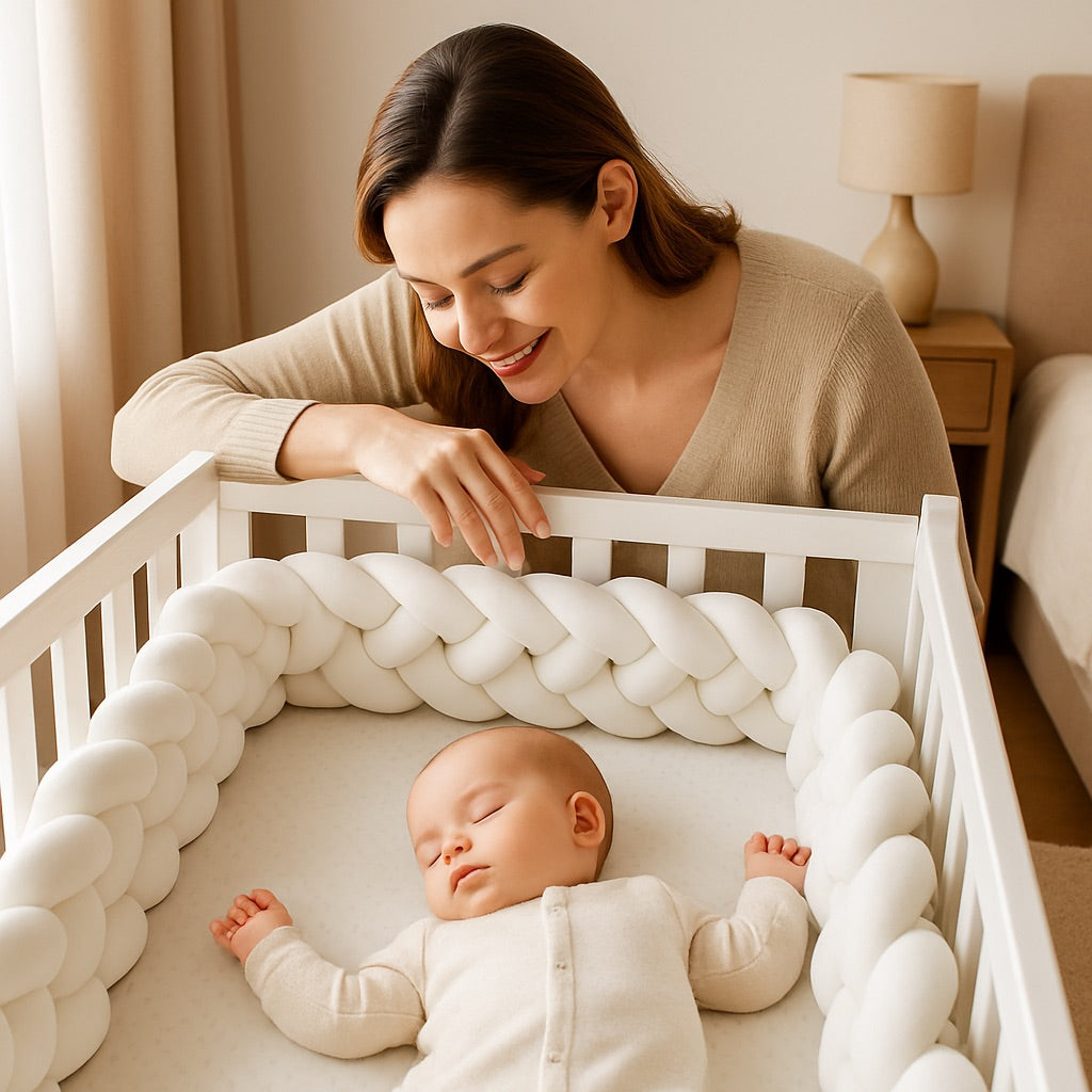 une maman qui regarde son bébé qui (dort) et protégé par la tresse de lit 