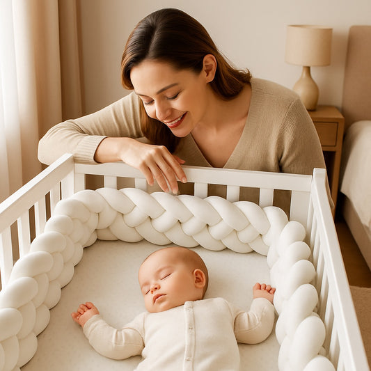 une maman qui regarde son bébé qui (dort) et protégé par la tresse de lit 