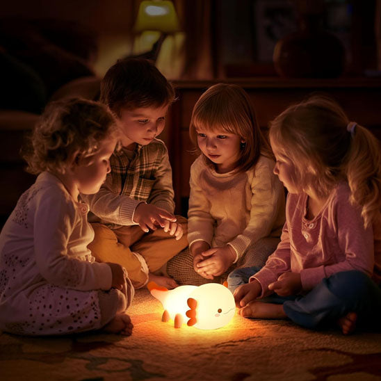 quatre enfant sont autour de la veilleuse bébé axolight qui éclaire d'une lumière douce