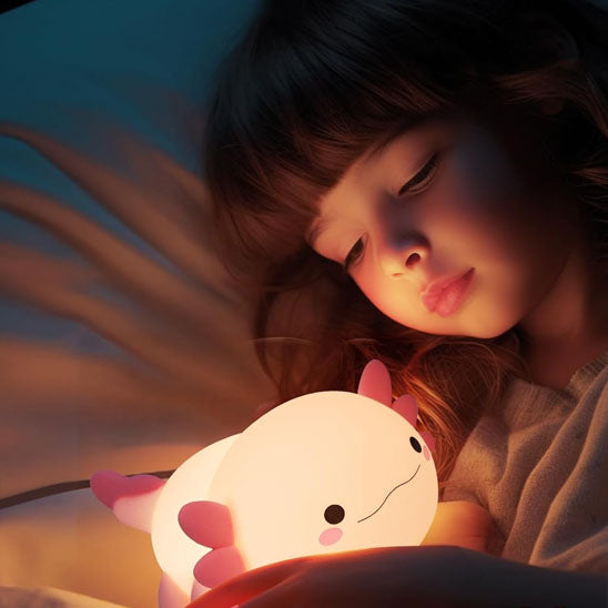 une fille qui dort avec la veilleuse bébé axolight en toute sécurité