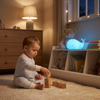 Veilleuse baleine bébé qui joue et illuminé par veilleuse baleine bleu