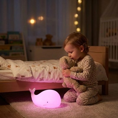 Veilleuse baleine couleur rose a coté de bébé