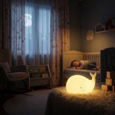 Veilleuse baleine sur la table de nuit dans la chambre bébé