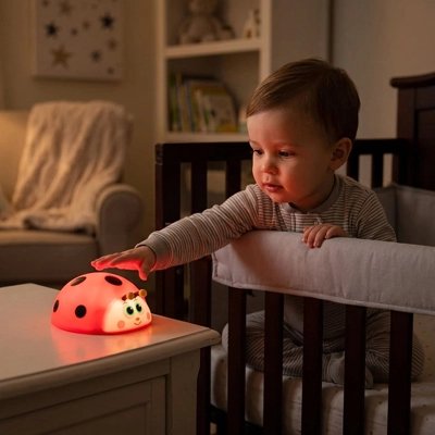 Veilleuse bébé coccinelle sur table de chevet a coté de bébé