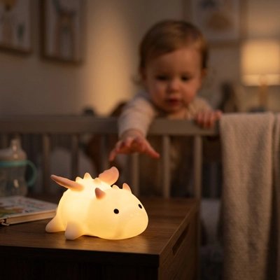 Veilleuse bébé dragon a coté de bébé qui veut l'attrapper