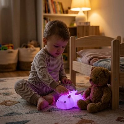 Veilleuse bébé dragon utilisée comme jouet par bébé