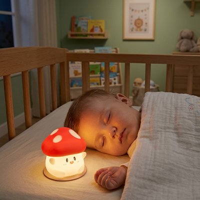Veilleuse bébé illuminée par la veilleuse champigon pendant qu'il dort