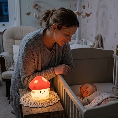 Veilleuse bébé maman fait dormir son bébé la nuit dans son berceau
