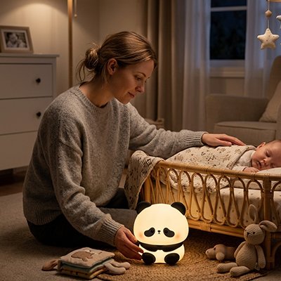 Veilleuse bébé maman qui fait dormir bébé a l'aide de la veilleuse panda