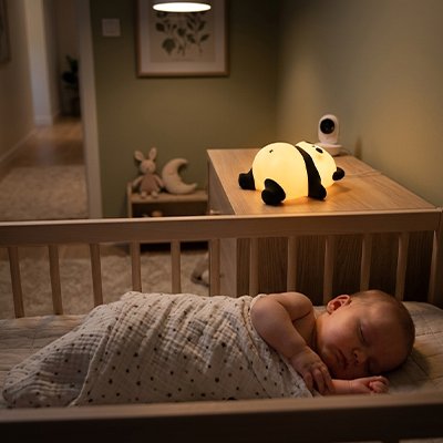Veilleuse bébé panda lumiere douce avec bébé