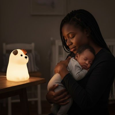 maman qui rend soin de son bébé en s'aidant de la veilleuse bébé