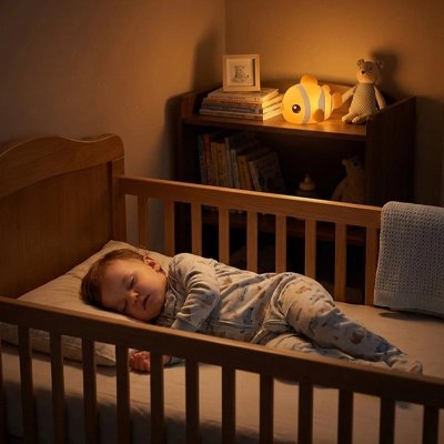 Veilleuse bébé poisson lumiere douce a coté de bébé 