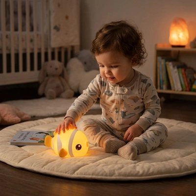 Veilleuse bébé poisson lumiere douce avec bébé qui joue