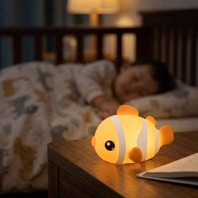 Veilleuse bébé poisson sur table de nuit a coté de bébé qui dort
