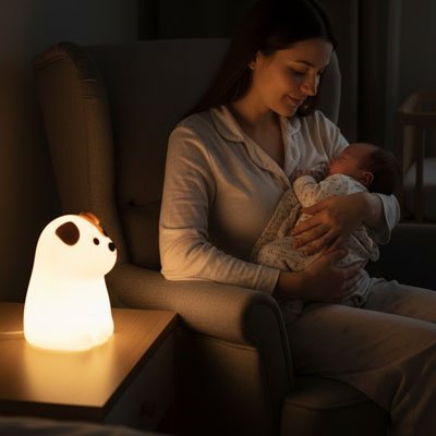 la veilleuse pour bebe petit chien mignob eclaire maman qui fait dormir le bébé