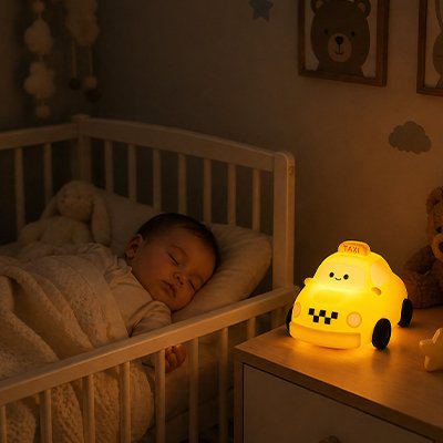 Veilleuse bebe taxi qui illumine bébé pendant qu'il dort