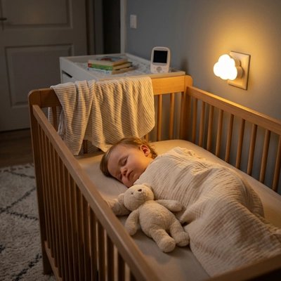 Veilleuse murale a coté de bébé qui dort profondement