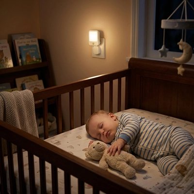 Veilleuse murale bébé dort paisiblement le soir dans son berceau 