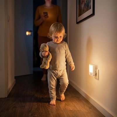 Veilleuse murale bébé marche en securité le soir dans le couloire