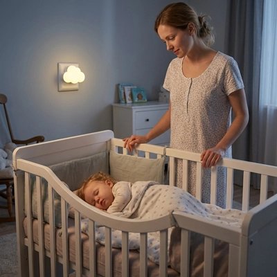 Veilleuse murale maman qui regarde bébé qui dort sereinement.