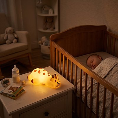 Veilleuse pour bebe petit monstre avec lumiere douce a coté de bébé