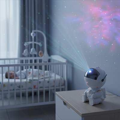 la veilleuse projection star voyager dans la chambre de bébé qui dort paisiblement